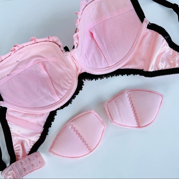 Pink Satin Black Lace Bra and Panties Set - Picture 13 of 16